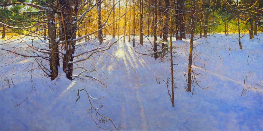 Oil Painting of trees in snow backlit by sun, by artist Peter Fiore