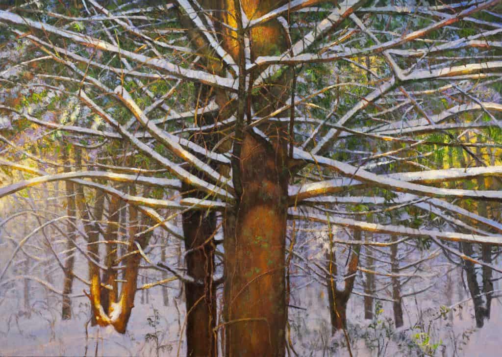 oil painting of trees, bare branches in snow by artist Peter Fiore