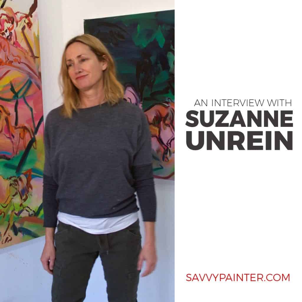 image promo of the savvypainter podcast, artist Suzanne Unrein posing in front of paintings