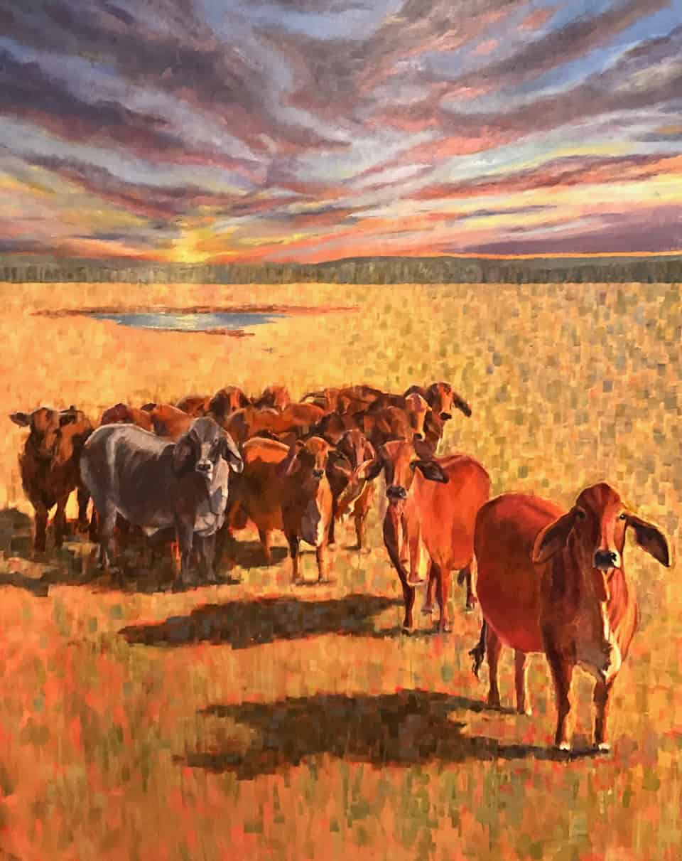 Painting of cattle in the setting sun by Louisa Jornayvaz