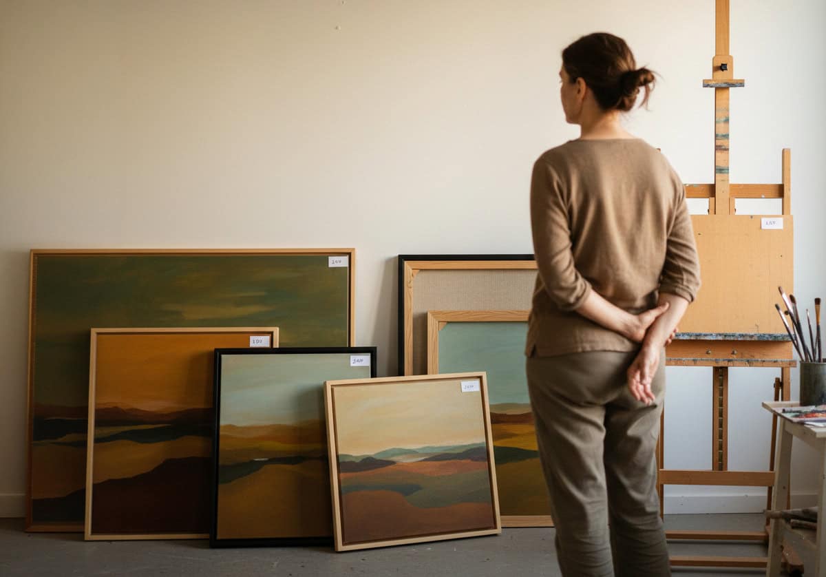 Artist in studio considering prices